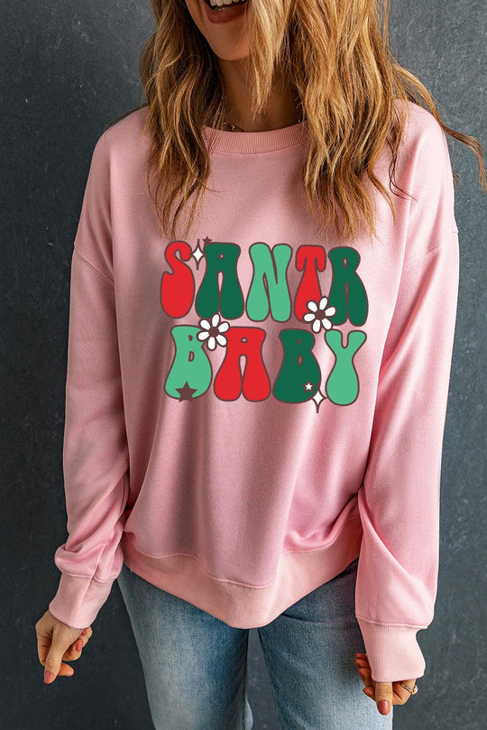 Pink "SANTA BABY" Sweet Daisy Graphic Sweatshirt - Klazzi Fashion Boutique