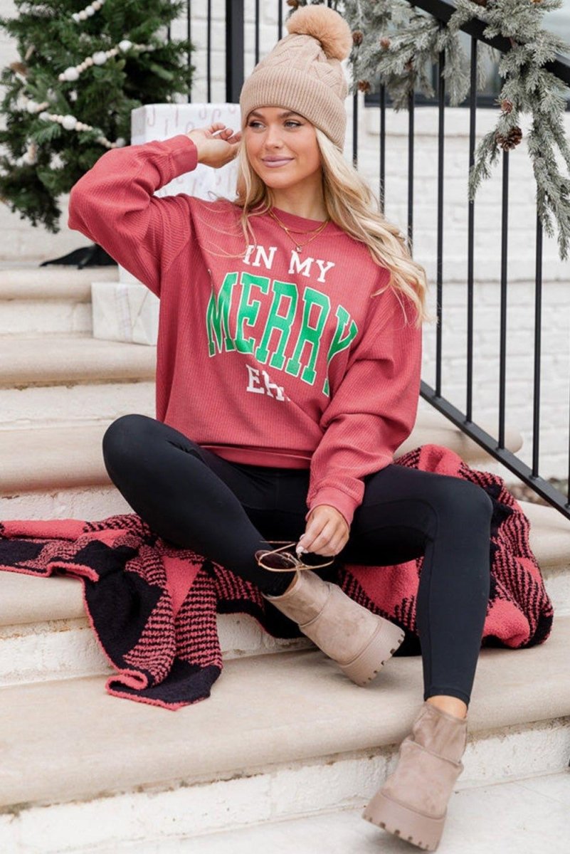 Pink Strawberry "IN MY MERRY ERA" Corduroy Sweatshirt - Klazzi Fashion Boutique