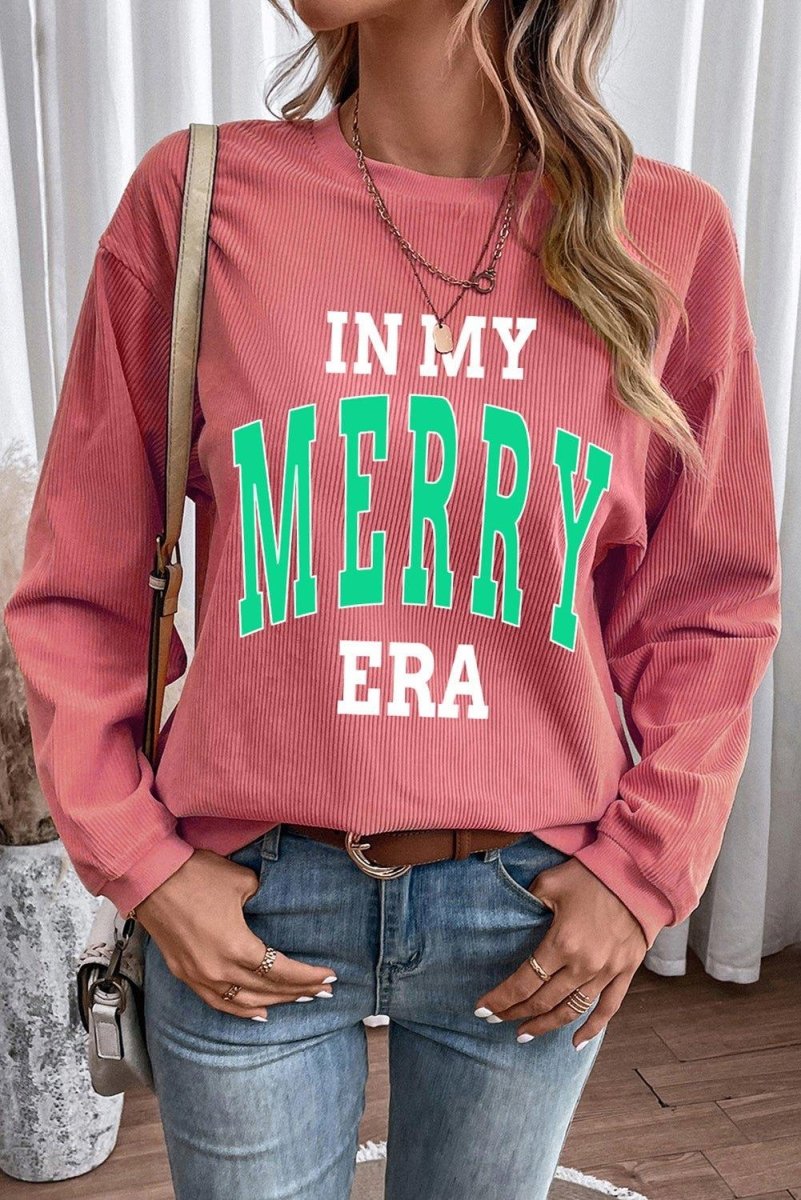 Pink Strawberry "IN MY MERRY ERA" Corduroy Sweatshirt - Klazzi Fashion Boutique