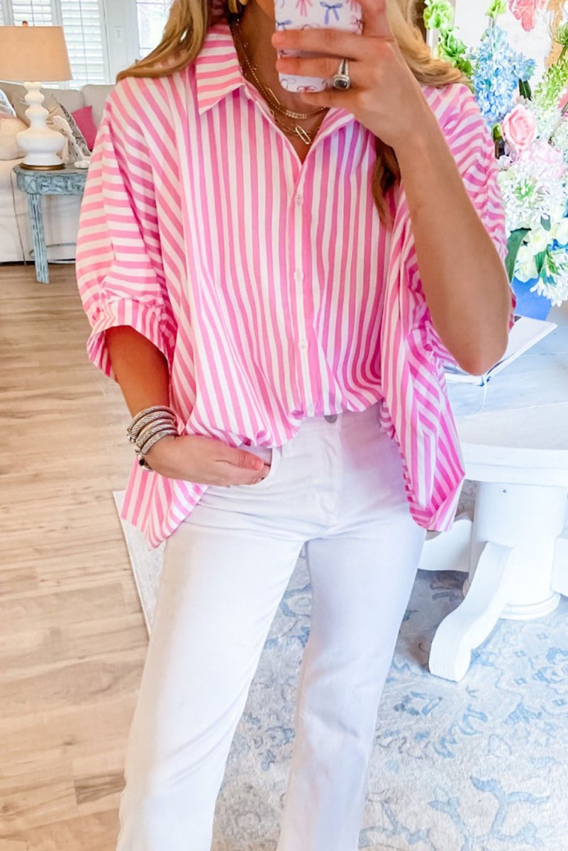 Pink Stripe Oversize Dress Shirt - Klazzi Fashion Boutique