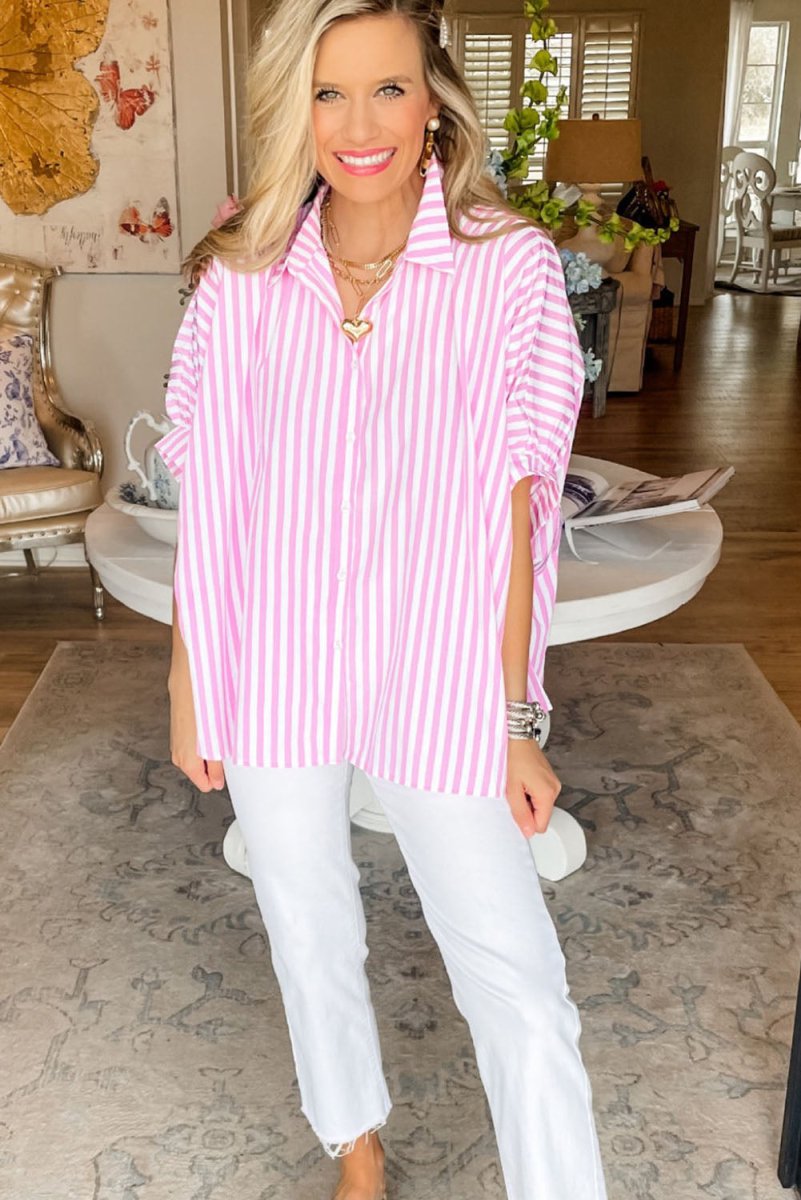 Pink Stripe Oversize Dress Shirt - Klazzi Fashion Boutique