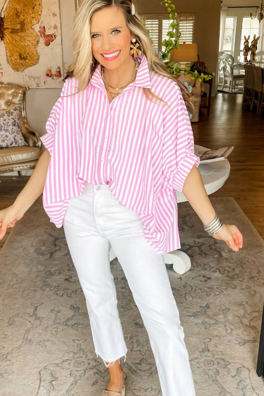 Pink Stripe Oversize Dress Shirt - Klazzi Fashion Boutique