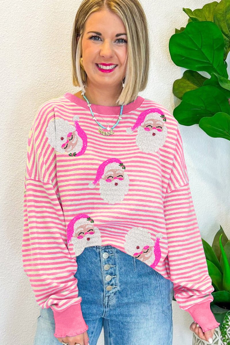 Pink Stripe Santa Long Sleeve Slouchy Top - Klazzi Fashion Boutique