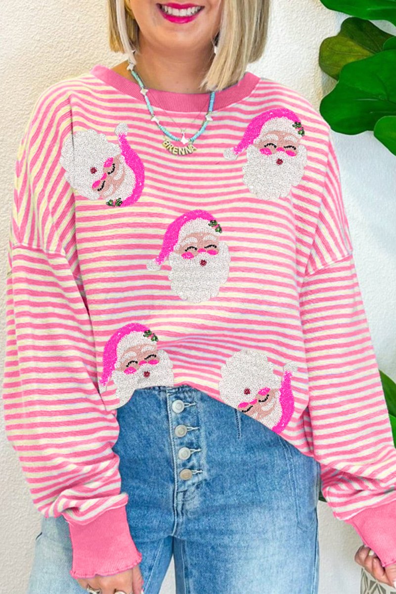 Pink Stripe Santa Long Sleeve Slouchy Top - Klazzi Fashion Boutique