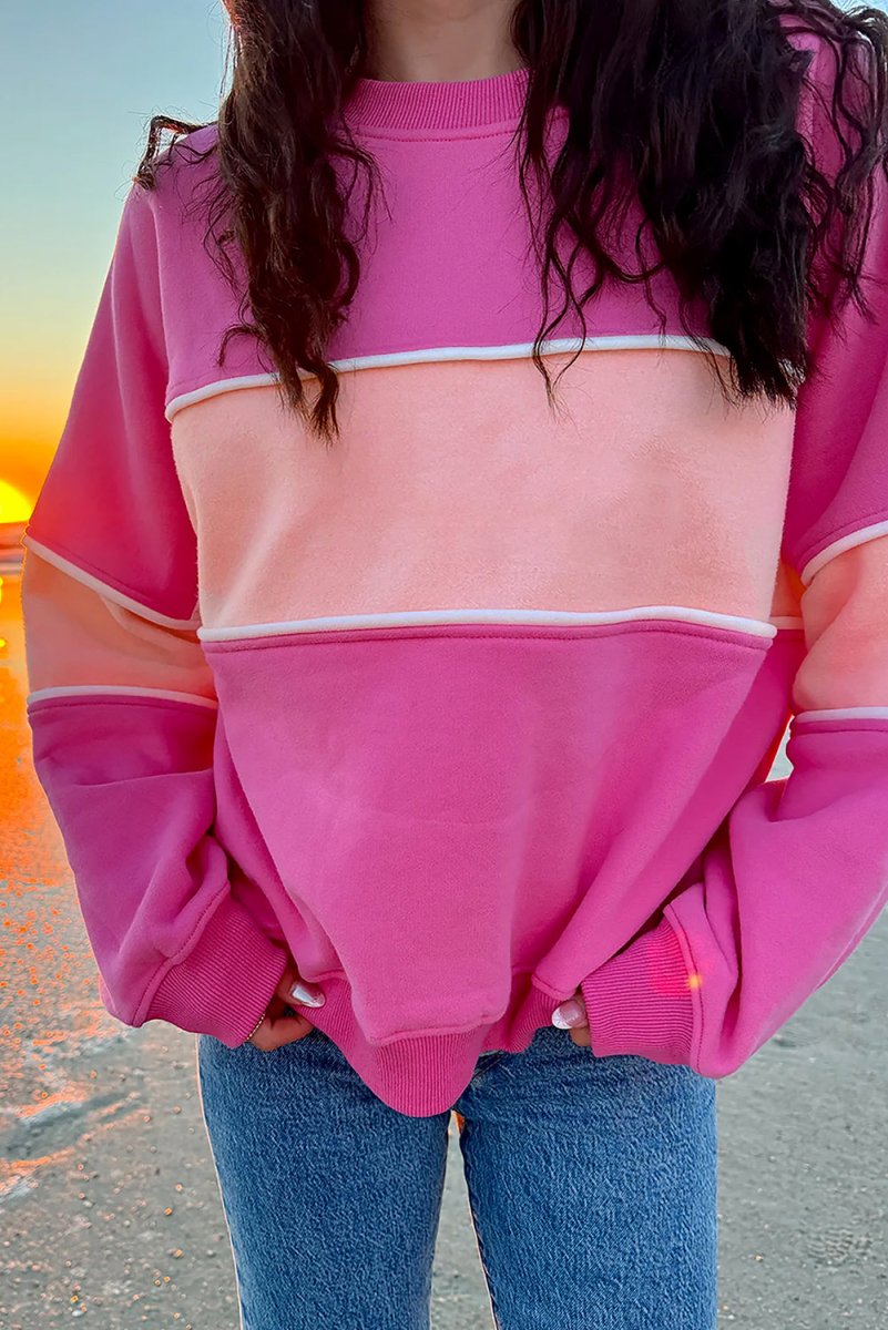 Pink Two - Toned Drop Shoulder Ribbed Trim Sweatshirt - Klazzi Fashion Boutique