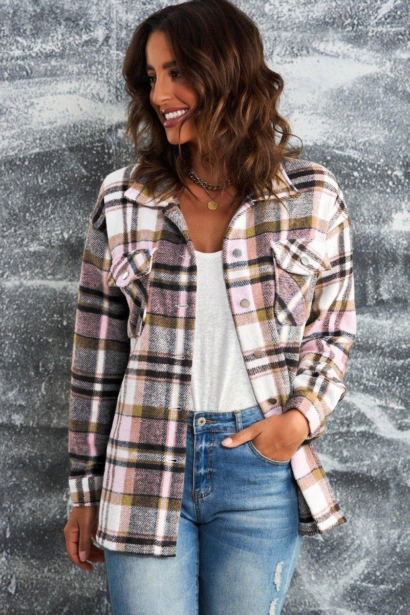 Plaid Button Down Flannel Jacket - Klazzi Fashion Boutique