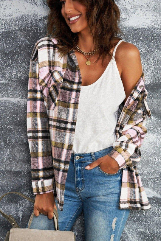 Plaid Button Down Flannel Jacket - Klazzi Fashion Boutique