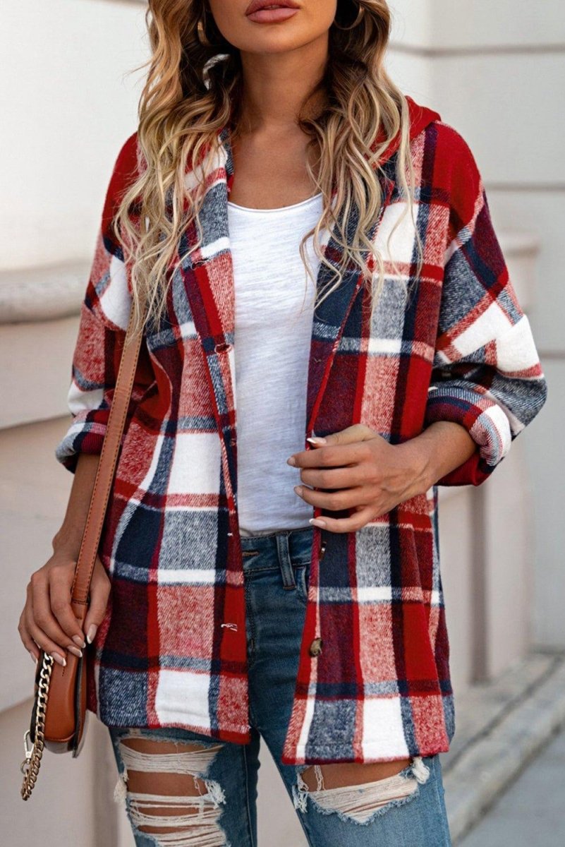 Plaid Hooded Button Down Shacket - Klazzi Fashion Boutique