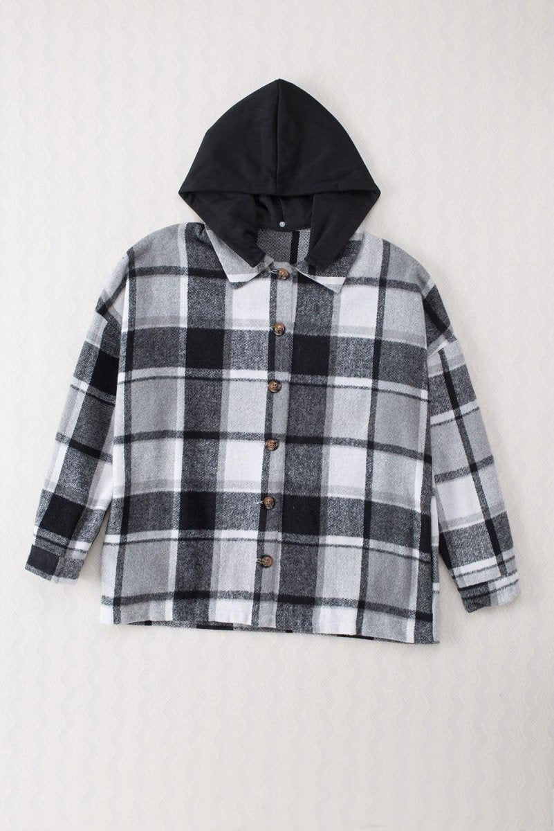 Plaid Hooded Button Down Shacket - Klazzi Fashion Boutique