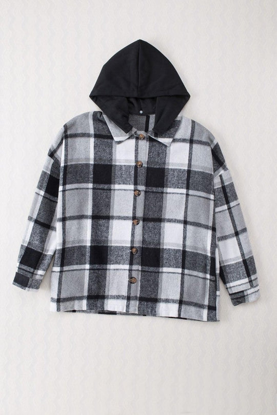 Plaid Hooded Button Down Shacket - Klazzi Fashion Boutique