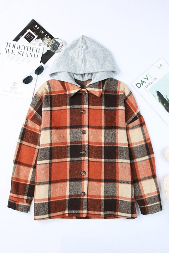 Plaid Hooded Button Down Shacket - Klazzi Fashion Boutique