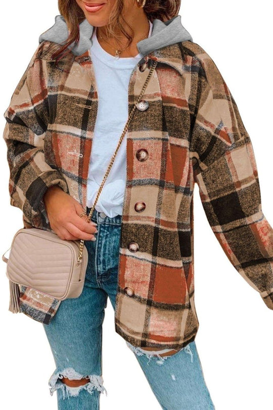 Plaid Hooded Button Down Shacket - Klazzi Fashion Boutique