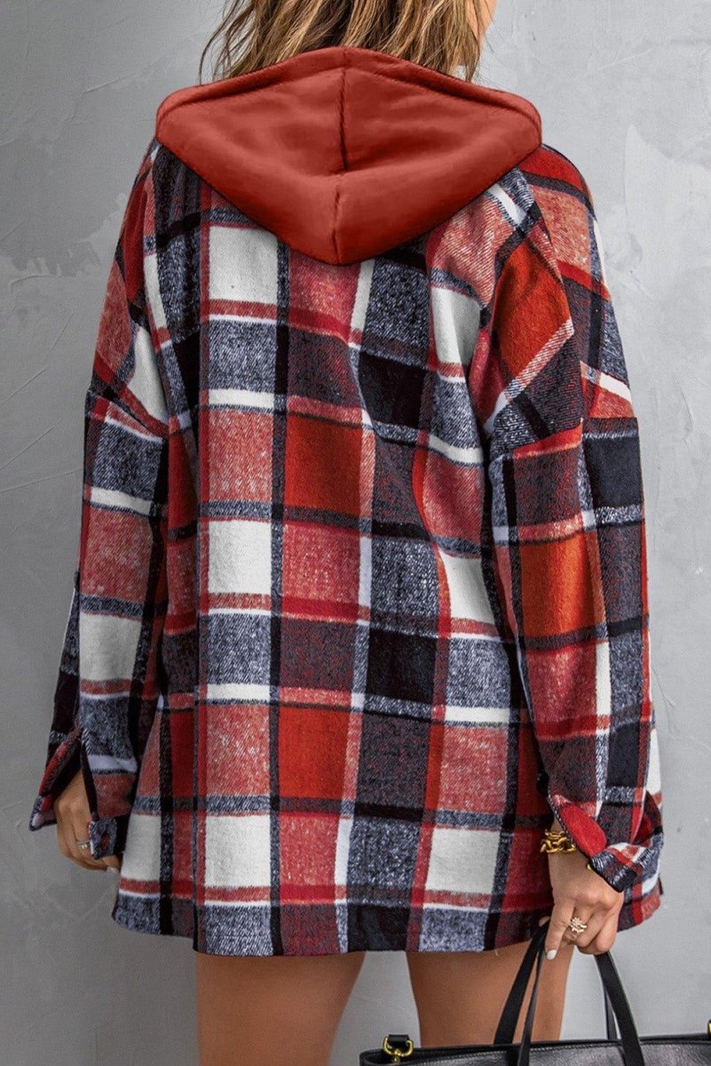 Plaid Hooded Button Down Shacket - Klazzi Fashion Boutique