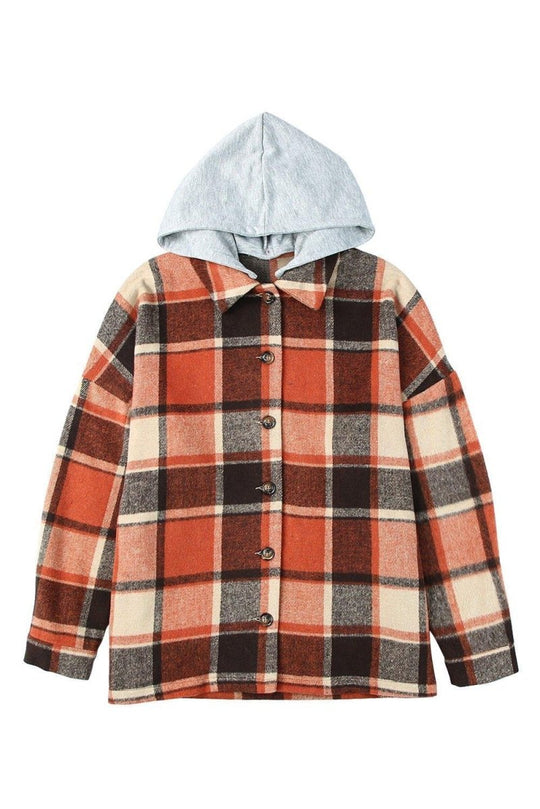 Plaid Hooded Button Down Shacket - Klazzi Fashion Boutique