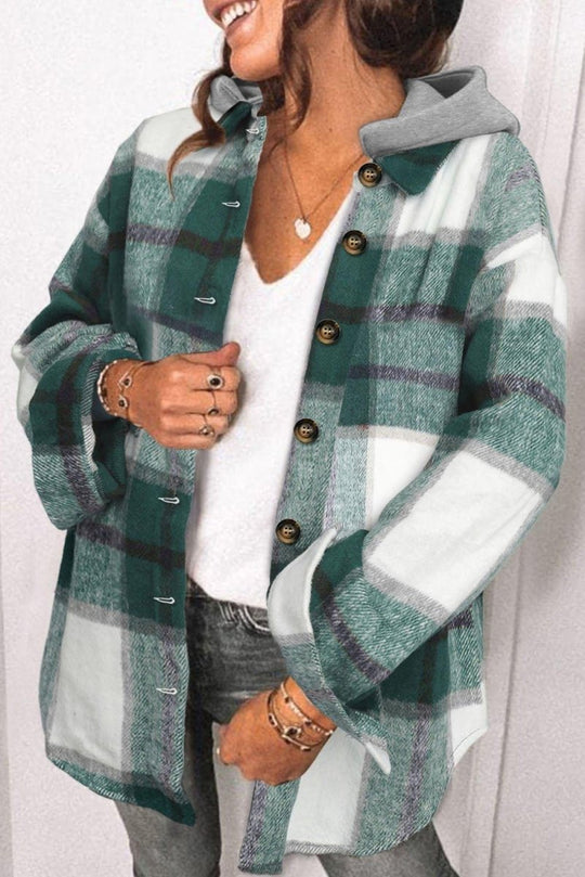 Plaid Hooded Button Down Shacket - Klazzi Fashion Boutique