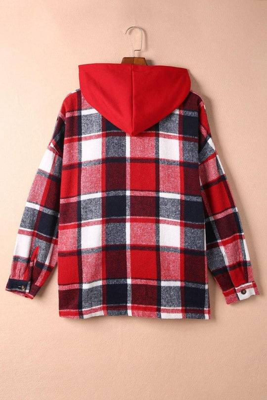 Plaid Hooded Button Down Shacket - Klazzi Fashion Boutique