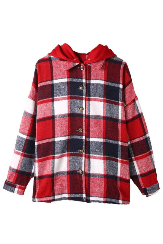 Plaid Hooded Button Down Shacket - Klazzi Fashion Boutique