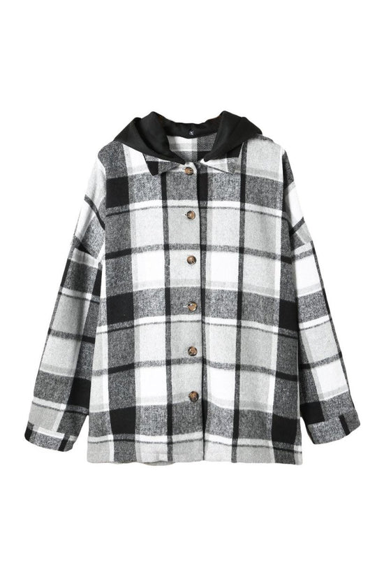 Plaid Hooded Button Down Shacket - Klazzi Fashion Boutique