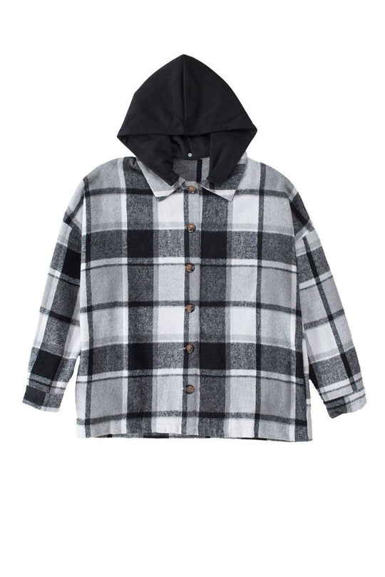 Plaid Hooded Button Down Shacket - Klazzi Fashion Boutique