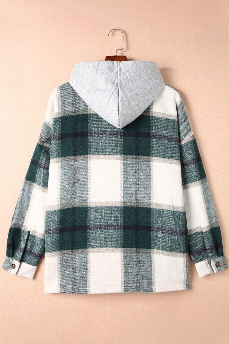 Plaid Hooded Button Down Shacket - Klazzi Fashion Boutique