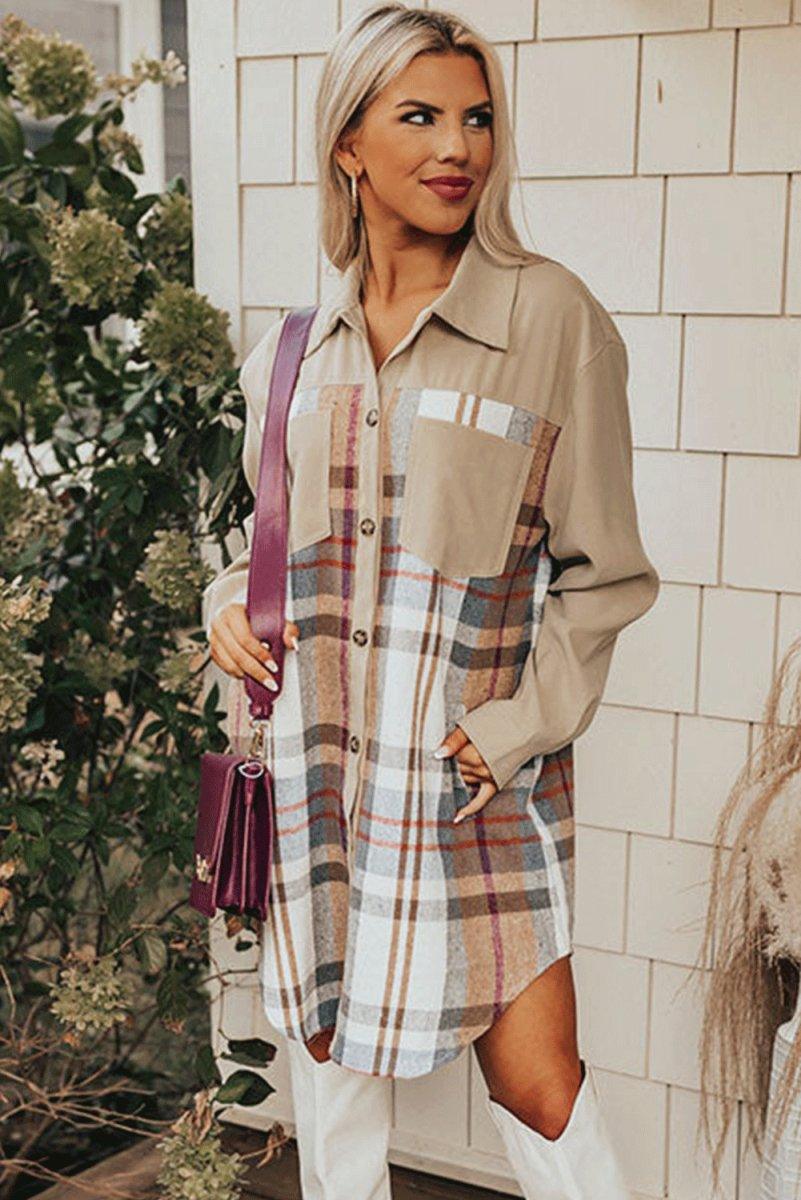 Plaid Long Sleeve Shirt Mini Dress - Klazzi Fashion Boutique