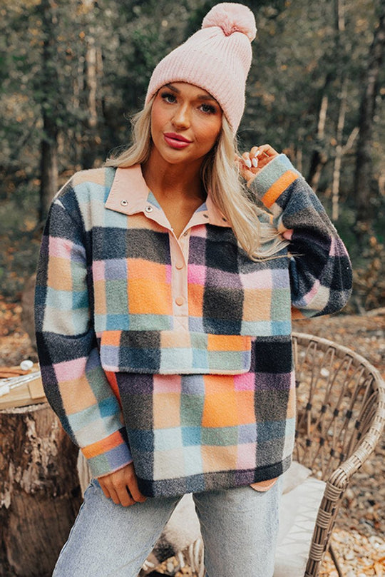 Plaid Multicolor Half Button Sweatshirt - Klazzi Fashion Boutique