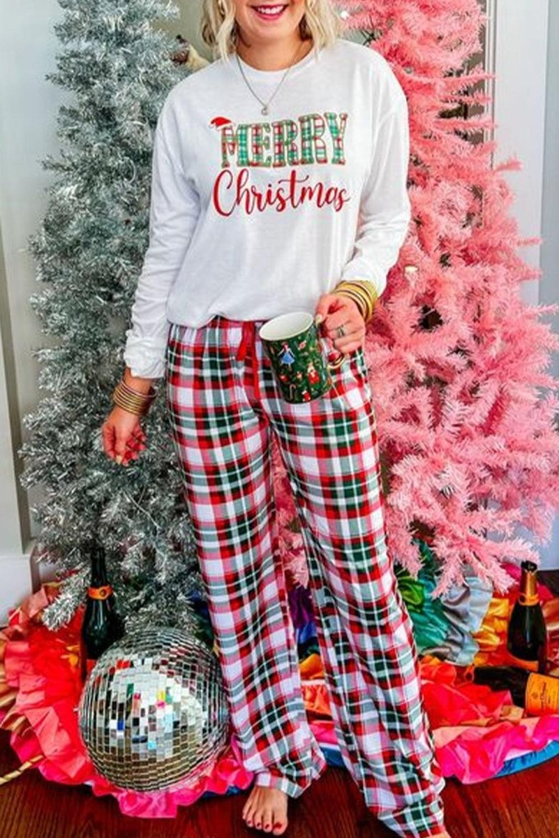 Plaid Multicolor "Merry Christmas" Lounge Pant Set - Klazzi Fashion Boutique