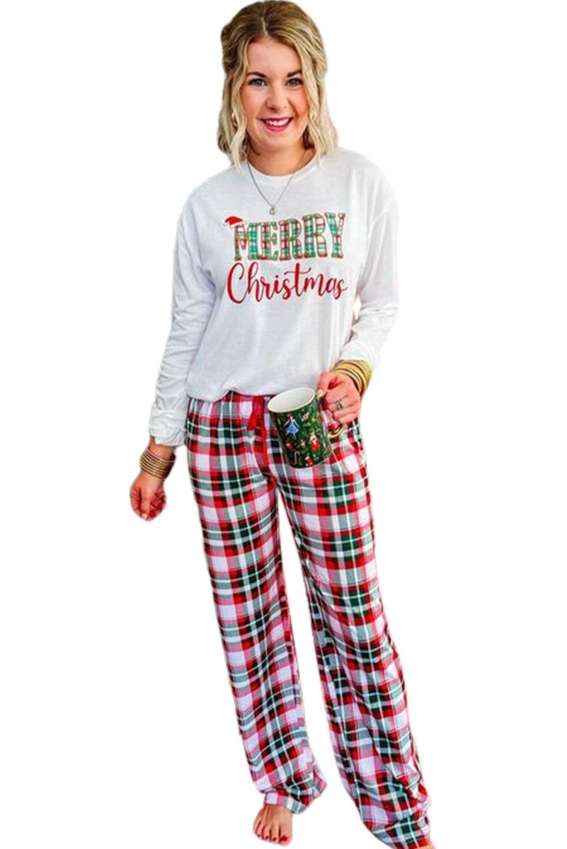 Plaid Multicolor "Merry Christmas" Lounge Pant Set - Klazzi Fashion Boutique