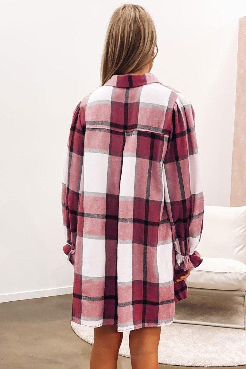 Plaid Ruffled Long Sleeve Shirt Dress - Klazzi Fashion Boutique