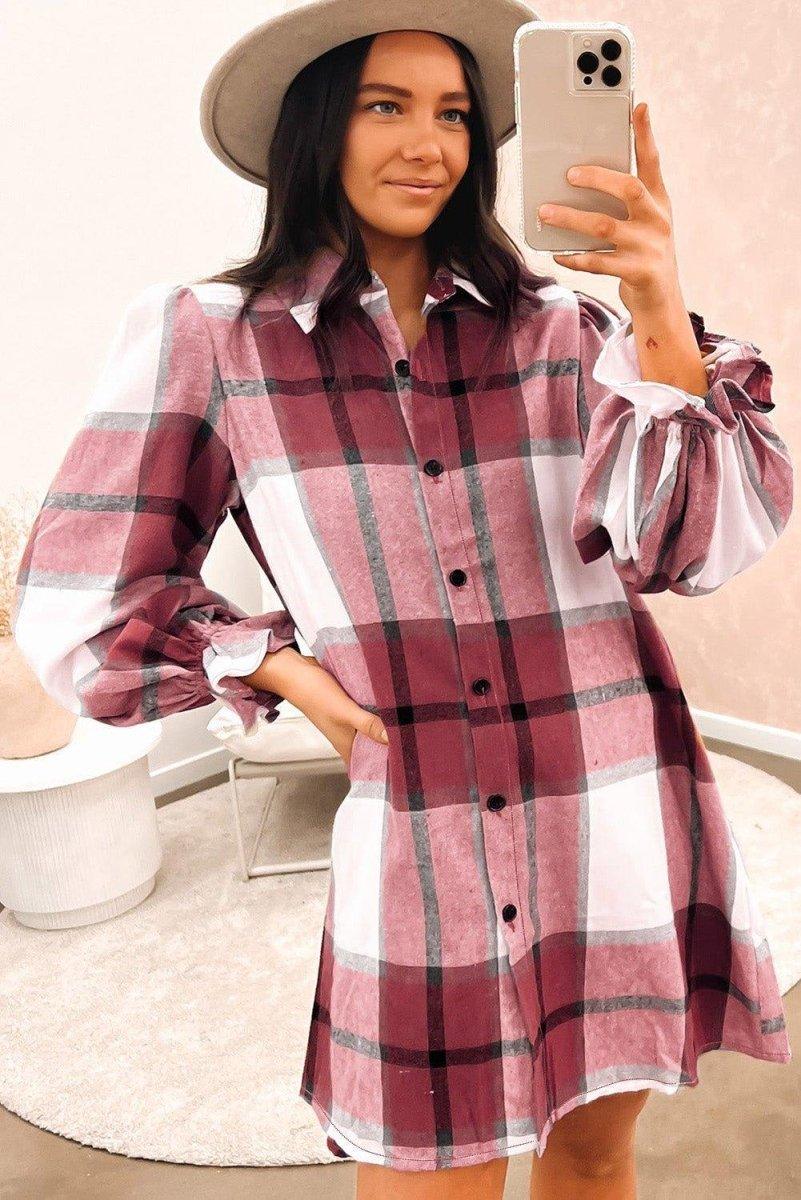 Plaid Ruffled Long Sleeve Shirt Dress - Klazzi Fashion Boutique