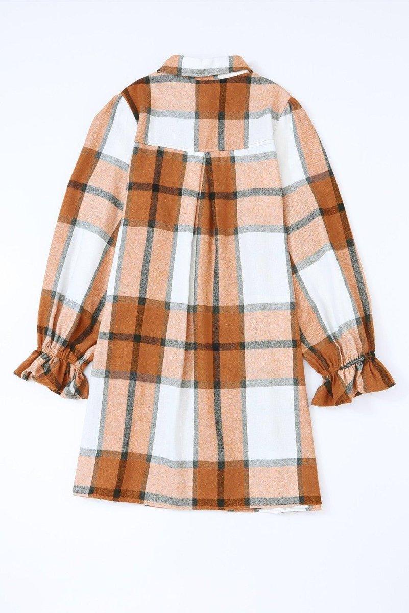 Plaid Ruffled Long Sleeve Shirt Dress - Klazzi Fashion Boutique