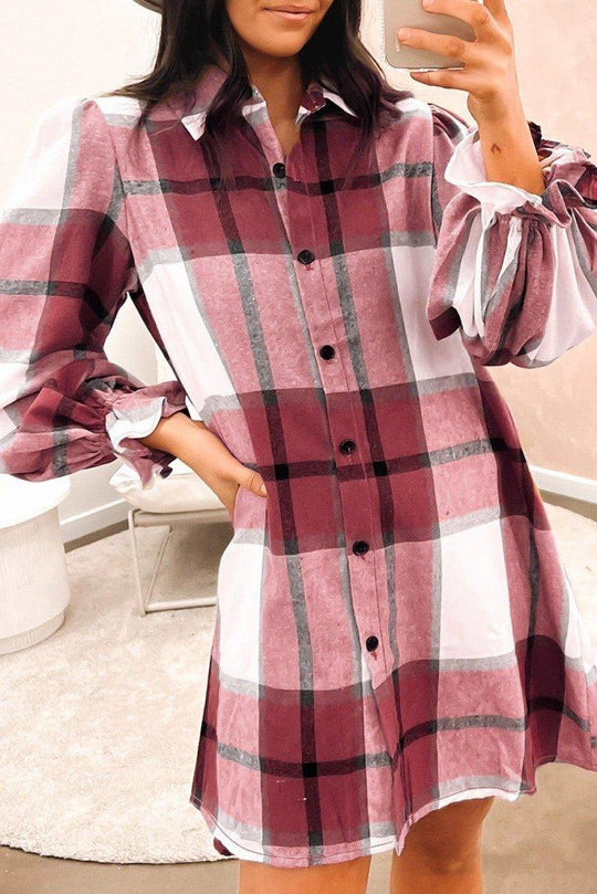 Plaid Ruffled Long Sleeve Shirt Dress - Klazzi Fashion Boutique