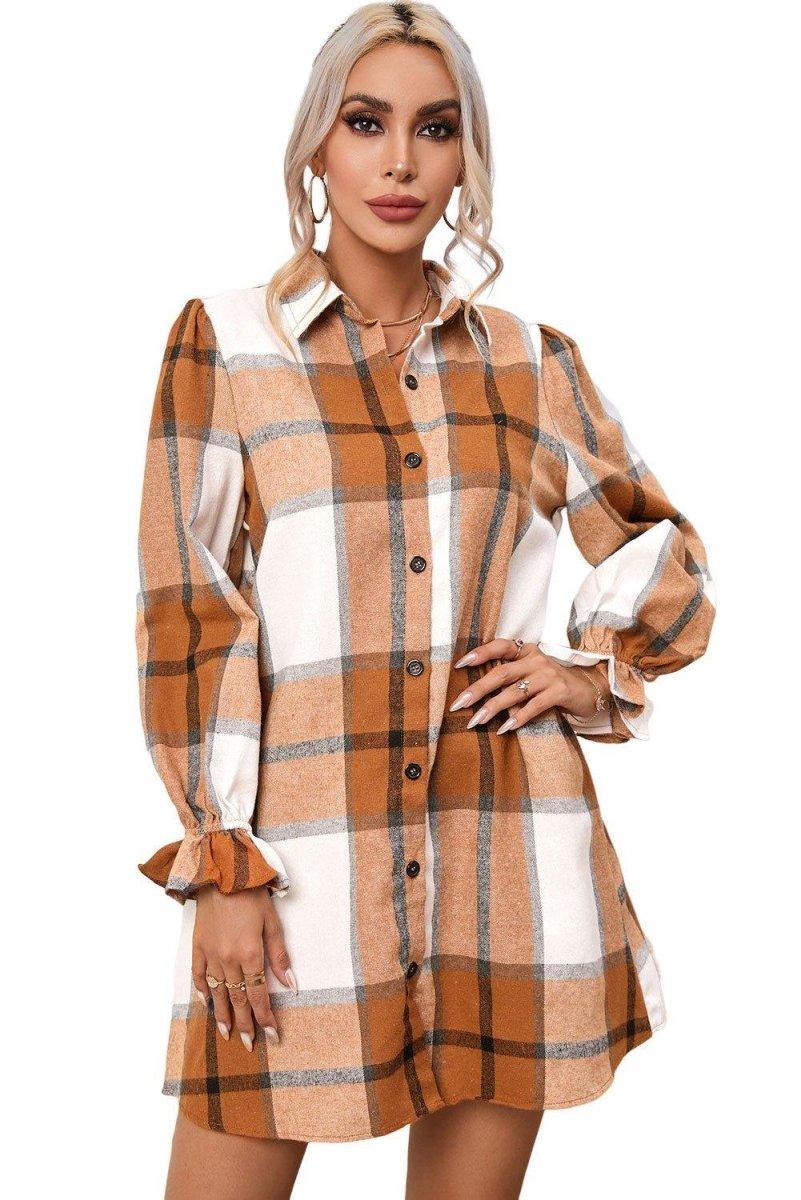 Plaid Ruffled Long Sleeve Shirt Dress - Klazzi Fashion Boutique