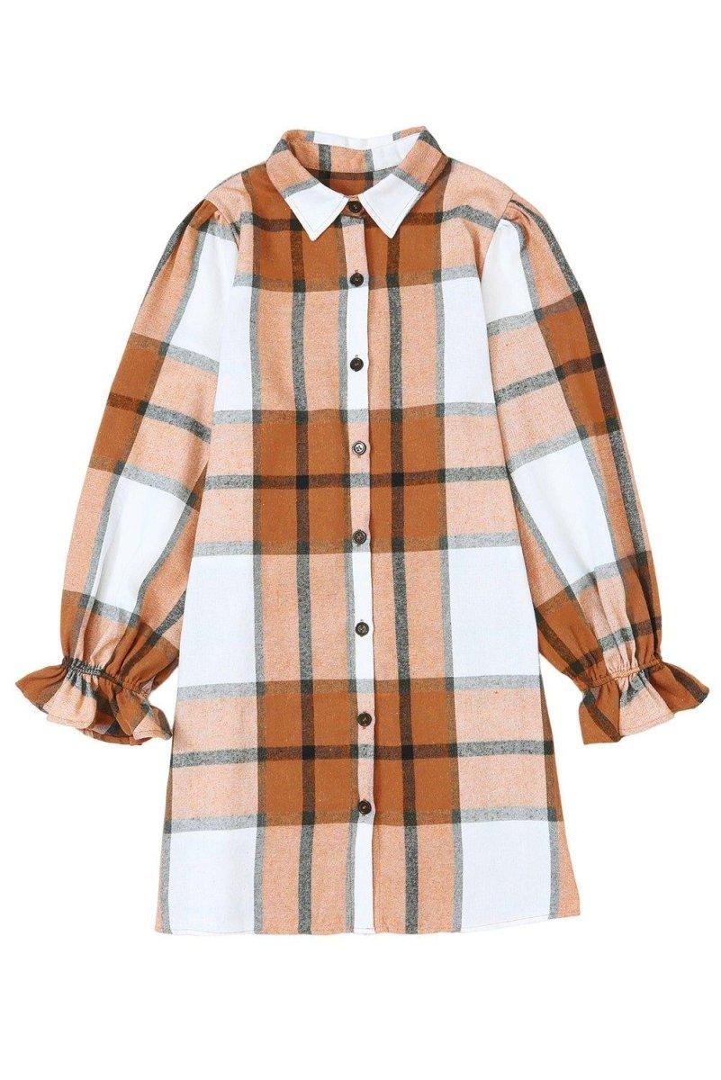 Plaid Ruffled Long Sleeve Shirt Dress - Klazzi Fashion Boutique