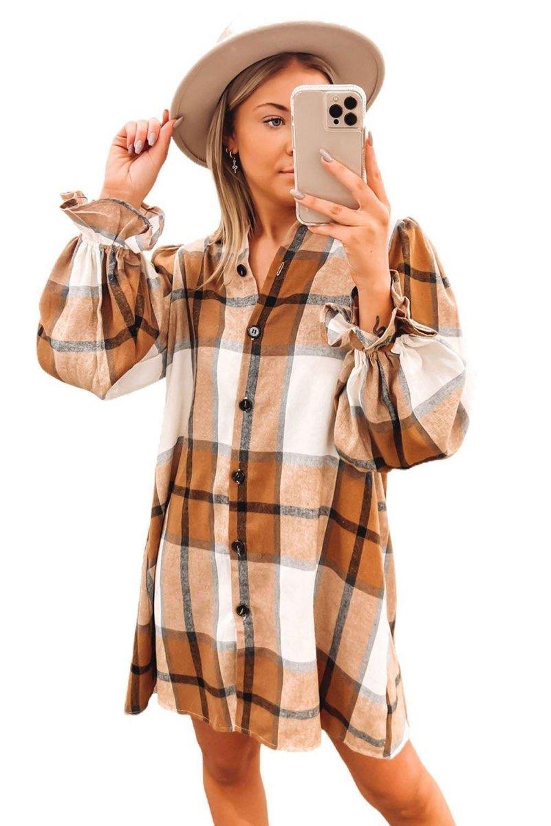 Plaid Ruffled Long Sleeve Shirt Dress - Klazzi Fashion Boutique