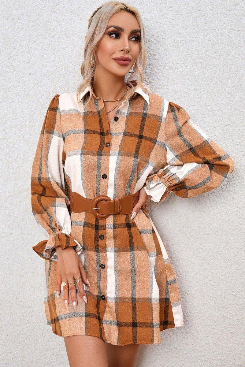 Plaid Ruffled Long Sleeve Shirt Dress - Klazzi Fashion Boutique