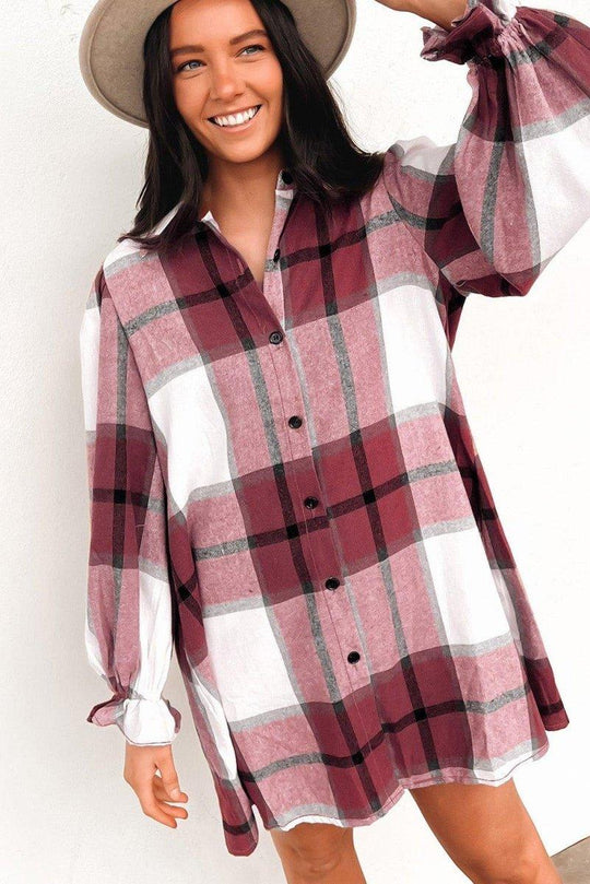 Plaid Ruffled Long Sleeve Shirt Dress - Klazzi Fashion Boutique