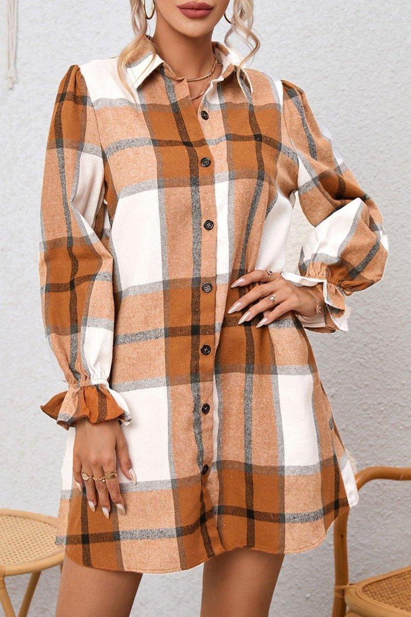 Plaid Ruffled Long Sleeve Shirt Dress - Klazzi Fashion Boutique