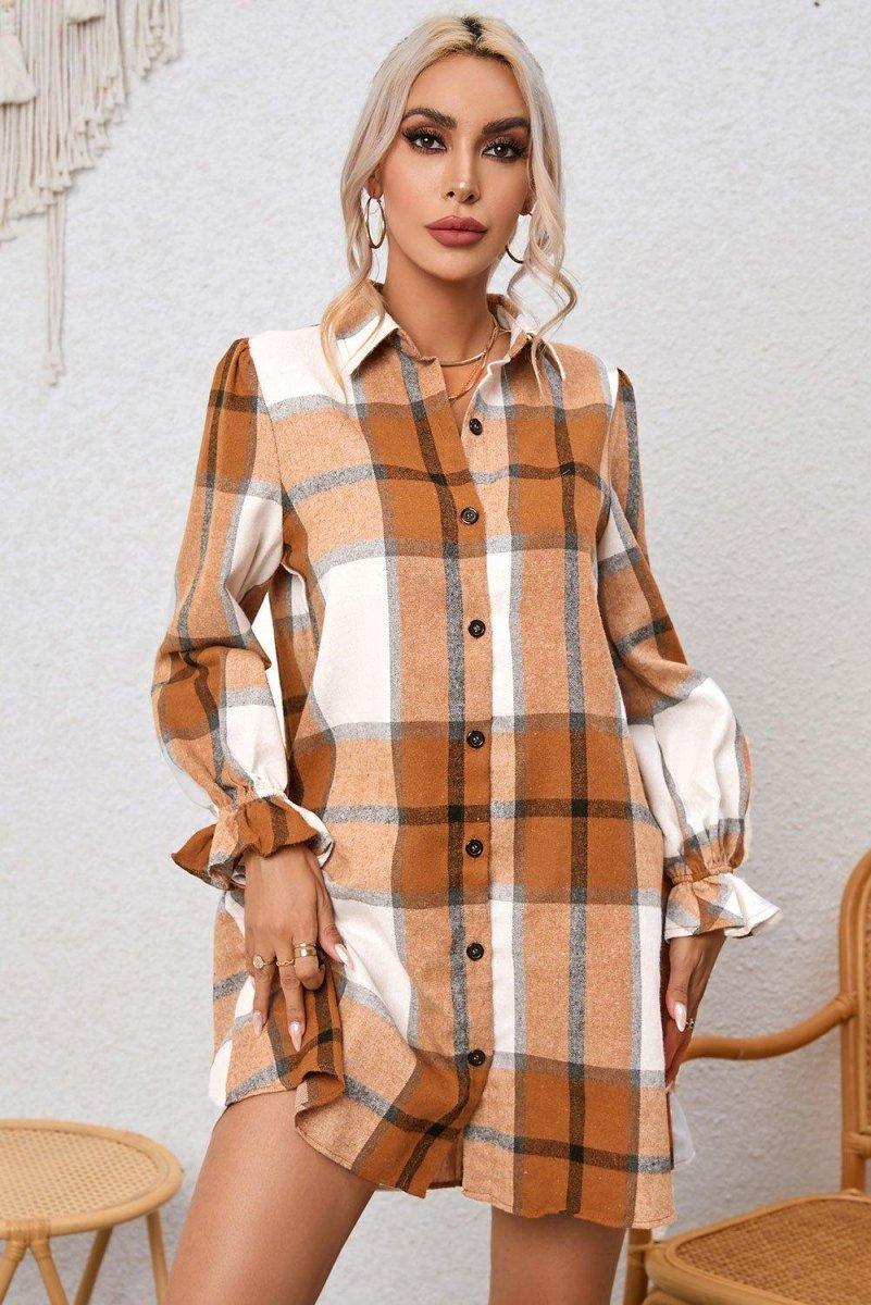 Plaid Ruffled Long Sleeve Shirt Dress - Klazzi Fashion Boutique