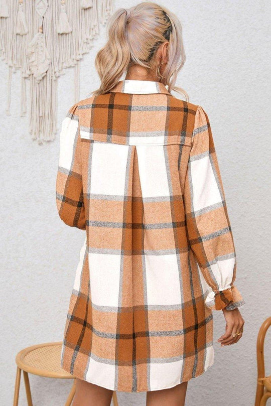 Plaid Ruffled Long Sleeve Shirt Dress - Klazzi Fashion Boutique