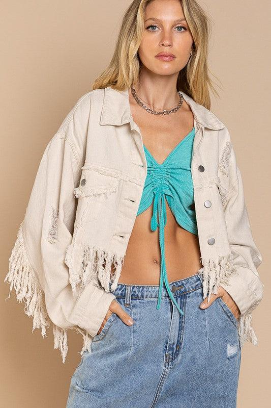 Plus Fringe-Detailed Cropped Denim Jacket - Klazzi Fashion Boutique