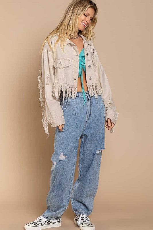 Plus Fringe-Detailed Cropped Denim Jacket - Klazzi Fashion Boutique