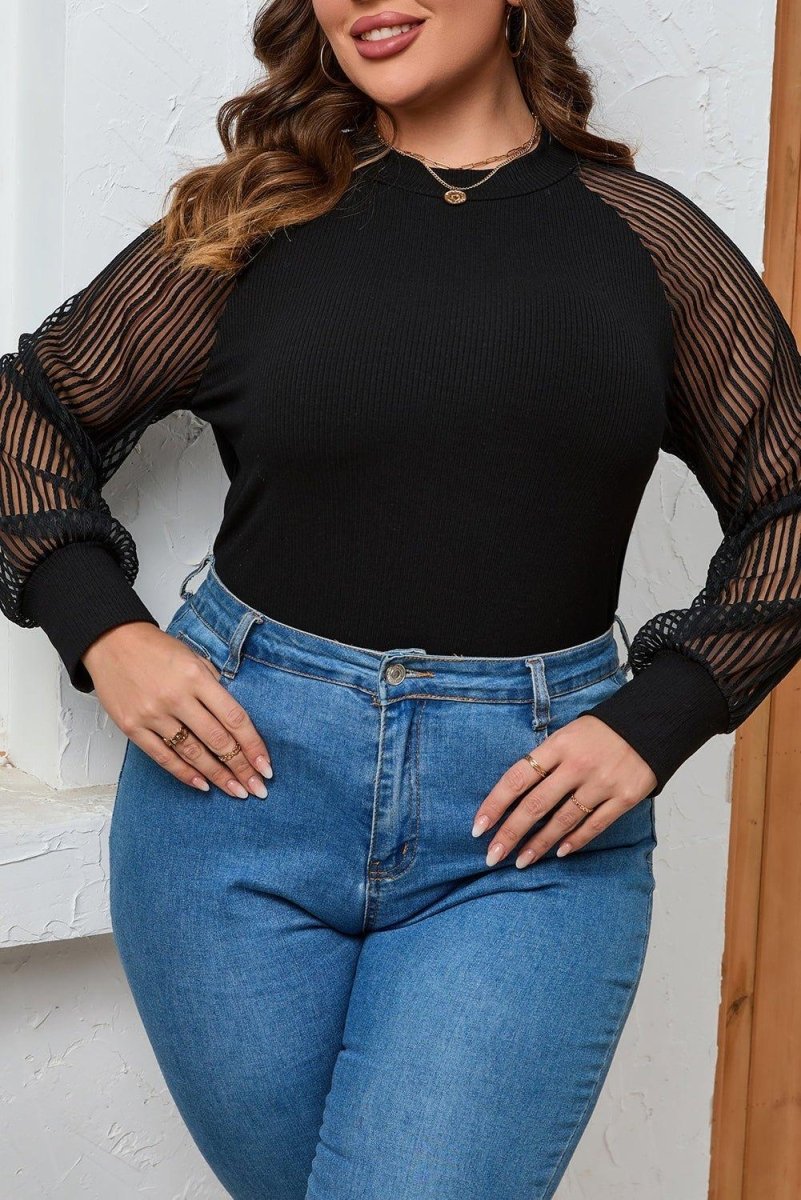 Plus Size Black Knit Sheer Striped Sleeve Blouse - Klazzi Fashion Boutique