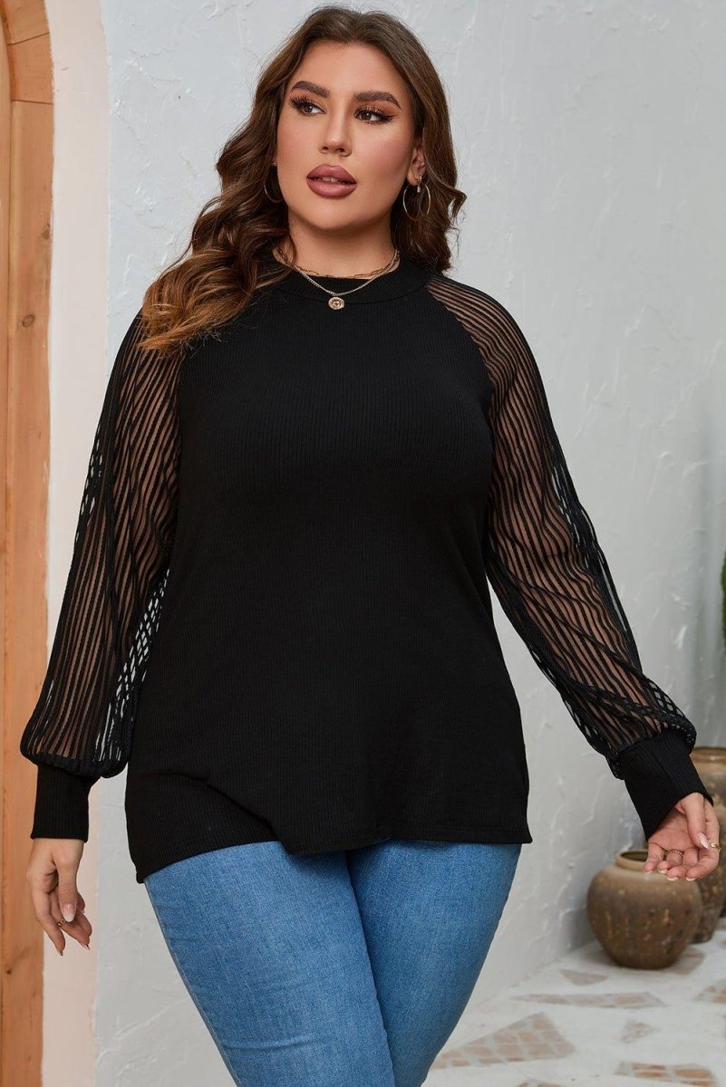 Plus Size Black Knit Sheer Striped Sleeve Blouse - Klazzi Fashion Boutique