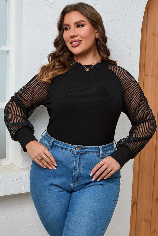 Plus Size Black Knit Sheer Striped Sleeve Blouse - Klazzi Fashion Boutique