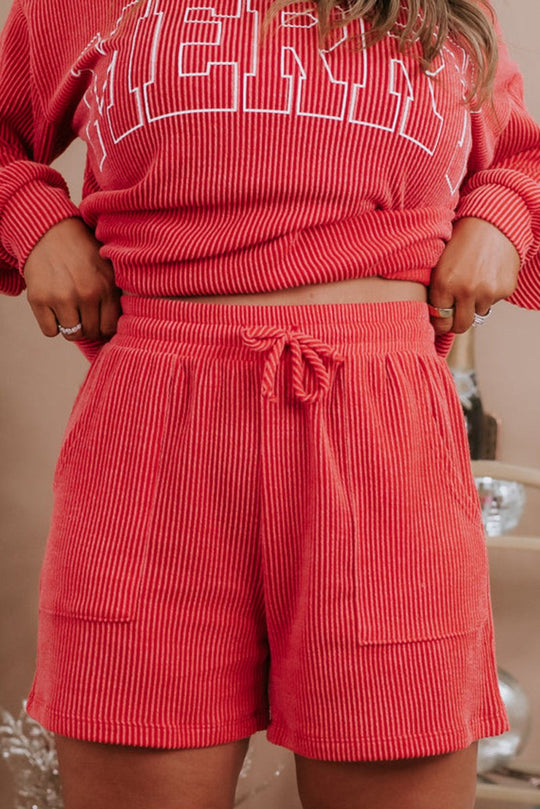 Plus Size Christmas Corduroy "MERRY" Red Long Sleeve Shorts Set - Klazzi Fashion Boutique