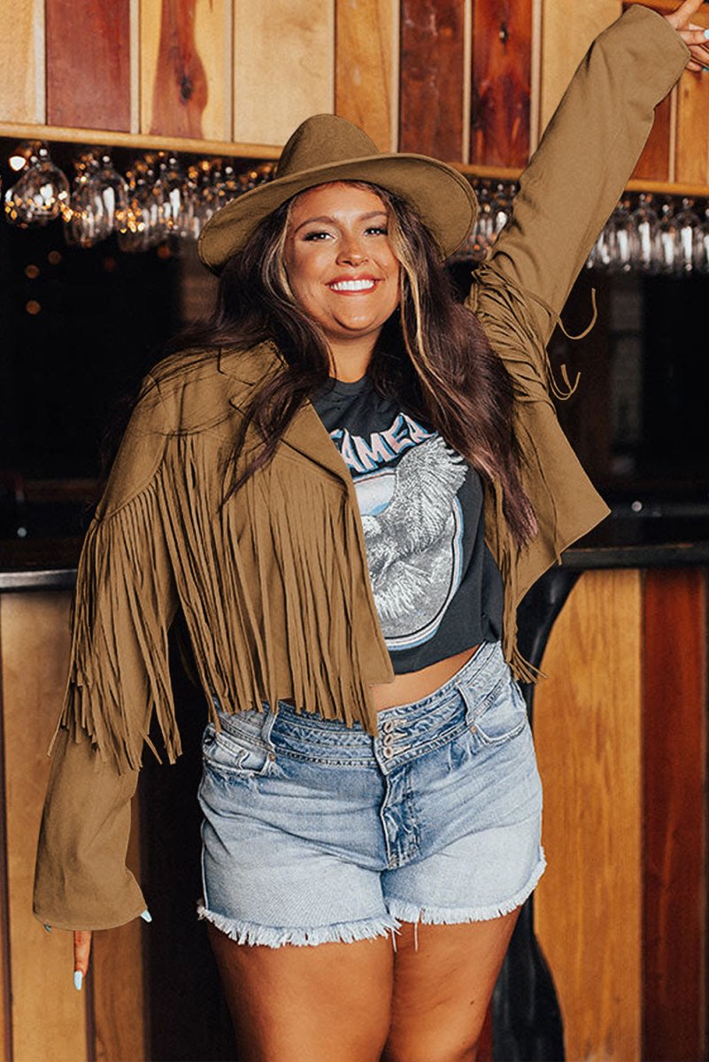 Plus Size Fringe Cropped Jacket - Klazzi Fashion Boutique