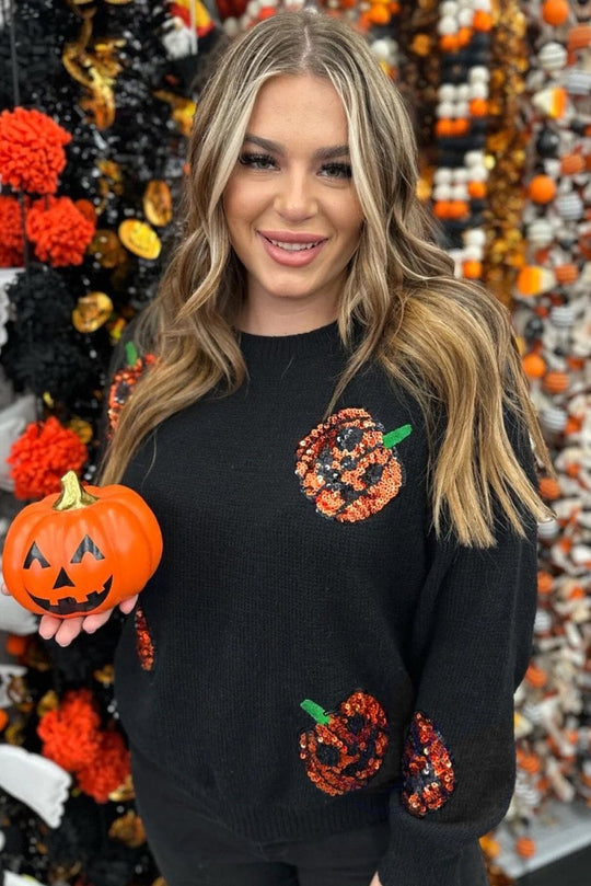 Plus Size Halloween Sequin Pumpkin Pattern Sweater - Klazzi Fashion Boutique