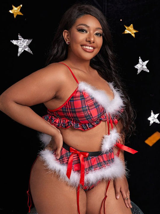 Plus Size Naughty Elf Lingerie Two Piece Fur Set - Klazzi Fashion Boutique