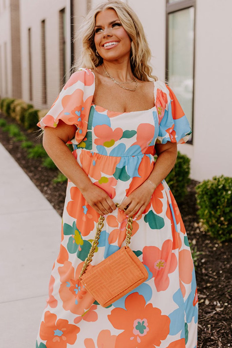 Plus Size Orange Crush Flowery Maxi Dress - Klazzi Fashion Boutique